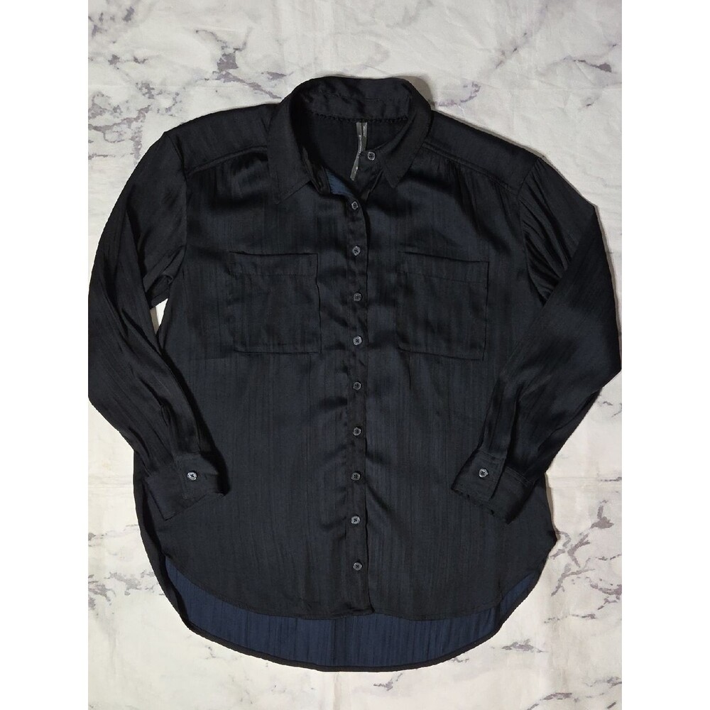 By Anthropologie Black Crinkle Satin Long Sleeve Button Front Blouse
